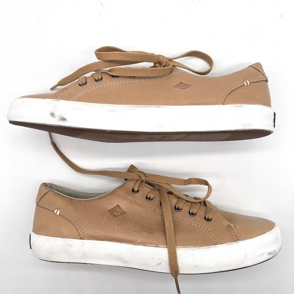 SPERRY Sneaker Mens 7 Tan Leather Low Top Top-sider striper Leather Sneaker NWOB - Picture 5 of 12